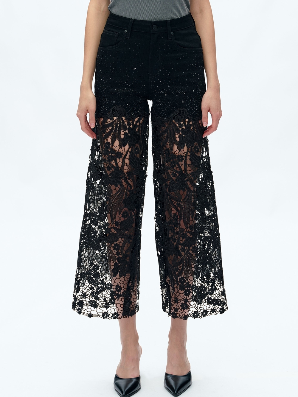 Bayeas Black Lace Wide-Leg Jeans